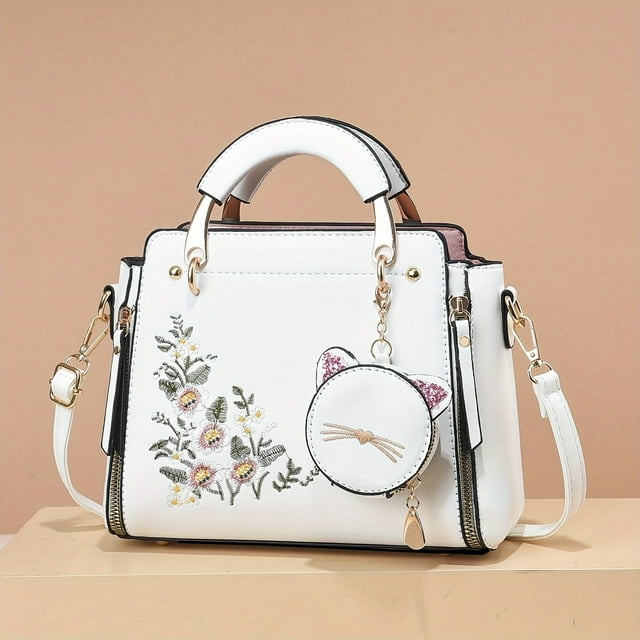 YOPTOP Small Flower Embroidery Crossbody Bag - Compact and Stylish Design with Top Handle Satchel Style Convertible Shoulder Bags Spacious Totes Hands-Free Crossbody Strap and Adorab,White