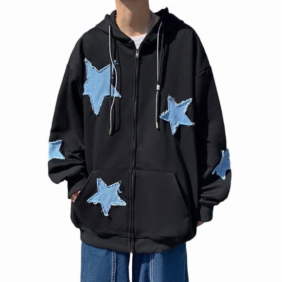 Women Y2k Zip Up Hoodies Star Graphic Long Sleeve Jackets Hip Hop Harajuku Oversized Hooded Sweatshirt Black XL