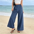 thumbnail image 4 of cocolona Womens Summer Casual Loose Wide Leg Pants Solid Color Elastic Waist Straight Beach Trousers, 4 of 5