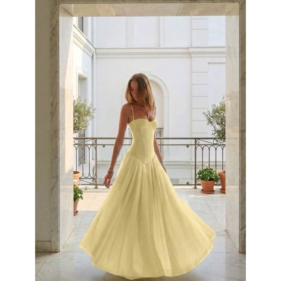Elegant Yellow Pleated Maxi Dress With Spaghetti Straps For Casual Date Holiday Wedding Guest