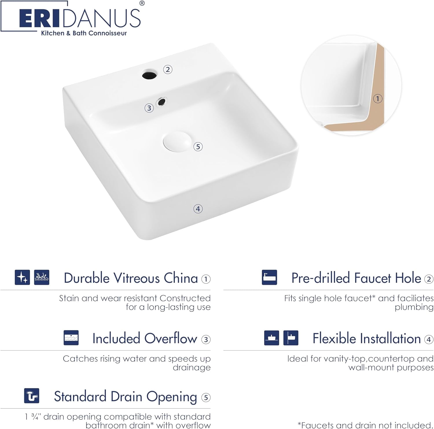 16" x 16" Bathroom Sink Vessel Rectangular, Eridanus Wall Mount Sinks Countertop Floating Basin with Overflow, White Ceramic Trough Wall Hung Space Saving Square Small Cloakroom Tiny Lavatory