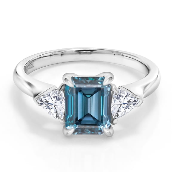 Gem Stone King 1.80 Cttw Persian Blue Moissanite and White Moissanite 3-Stone Ring for Women | 925 Sterling Silver | 8X6MM Octagon and 3.5 Trillion | Gemstone Birthstone | Size 6