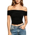 thumbnail image 2 of Favoffer Womens Off Shoulder Tees Irregular Hem Short Sleeve Slim Fitted Casual Tops Fashion Blouses For Street Dating Party Vacation Daily, 2 of 6