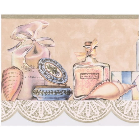 Seashell Border - Wall Border - Vintage Powder Table Soap Cream Perfume Seashell Scalloped Fashion Wallpaper Border Retro Design, Prepasted Roll 15 ft. x 7 in.