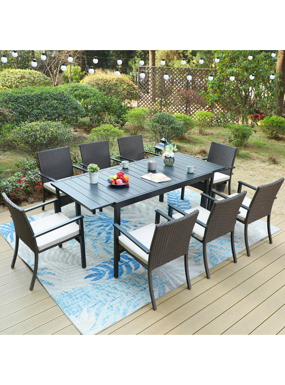 MF Studio 9-Piece Outdoor Patio Wicker Cushioned Dining Set with Expandable Table for 8-Person, Black & Dark Brown