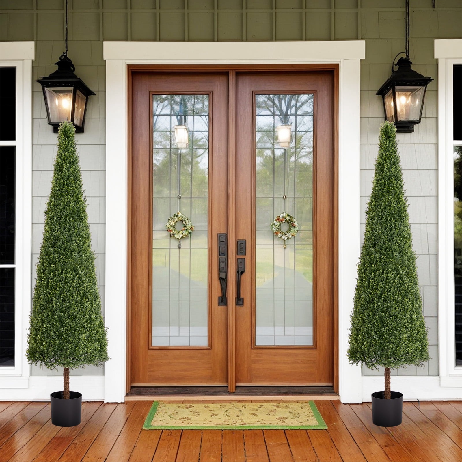 6FT Artificial Conical Topiary Trees UV Resistant Faux Cedar Bushes and Evergreen Shrubs, Fake Potted Plants for Front Porch Outside Planter Decor