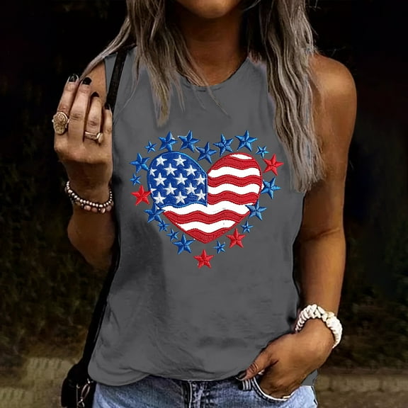 Tank Tops for Women Plus Size Independence Day Sleeveless Round Neck Summer Casual Loose T-Shirt Gray XXL