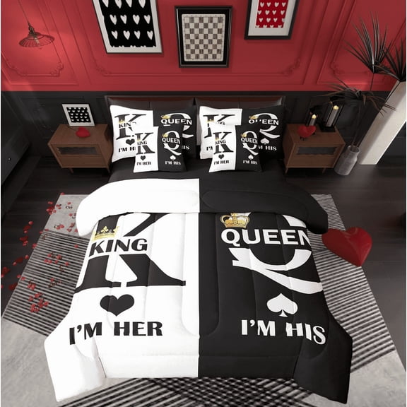 Valentine'S Day 7 Piece Comforter Set Queen,King And Queen Crown Bedding Set For Couple Lovers,Her His Romantic Bed In A Bag Gifts,Mr Mrs Sheet Set With Comforter Black White