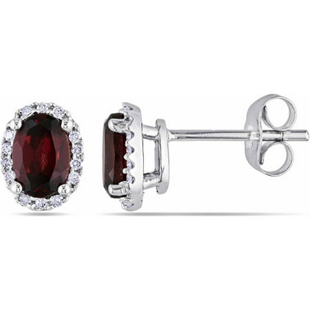 1-1/10 Carat T.G.W. Garnet and Diamond Accent 10kt White Gold Halo Stud Earrings