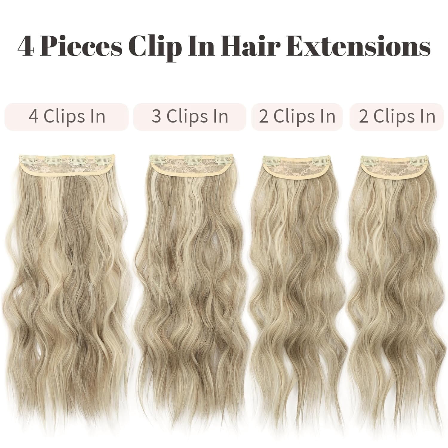 Clip in Long Wavy Synthetic Hair Extension 20 Inch Ash Brown Mixed Platinum Blonde 4PCS Thick Hairpieces Fiber Double Weft Hair for Women