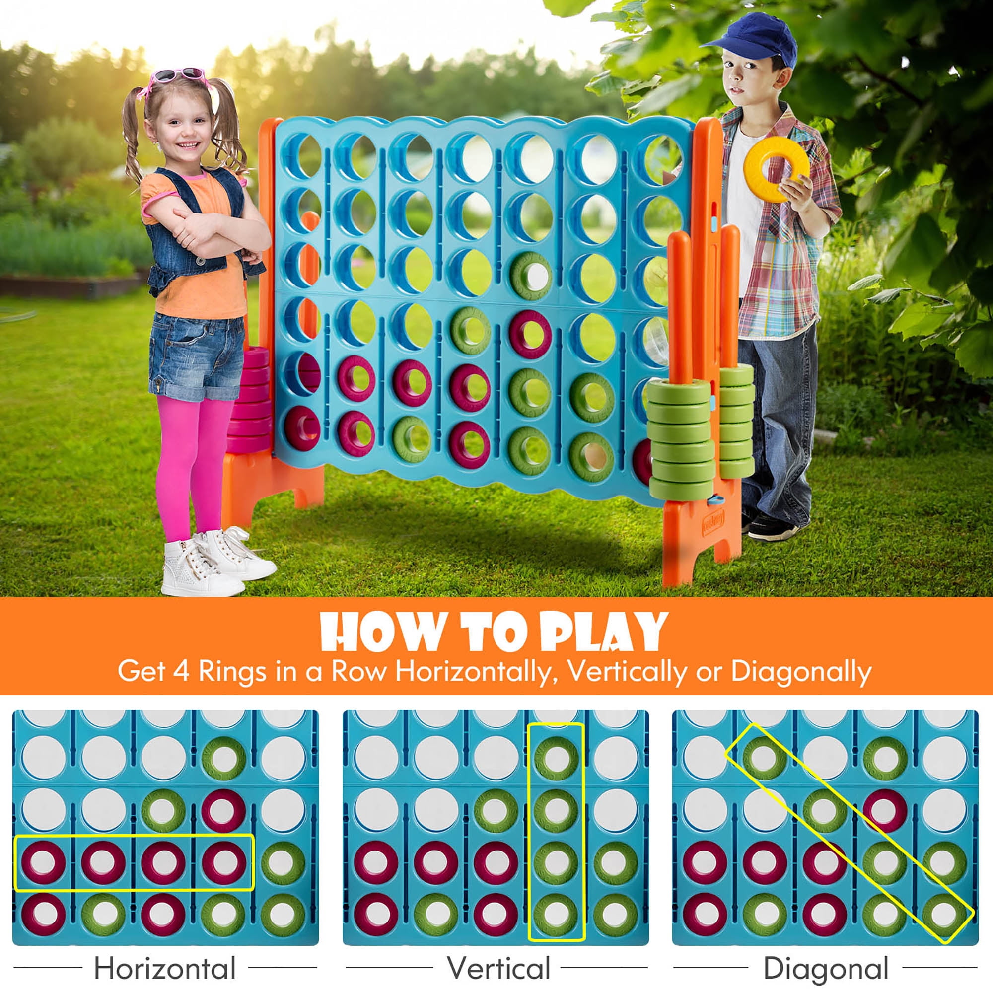 Gymax Jumbo 4-to-Score Game Set 4 in A Row Kids Adults w/ 42 Jumbo Rings Blue
