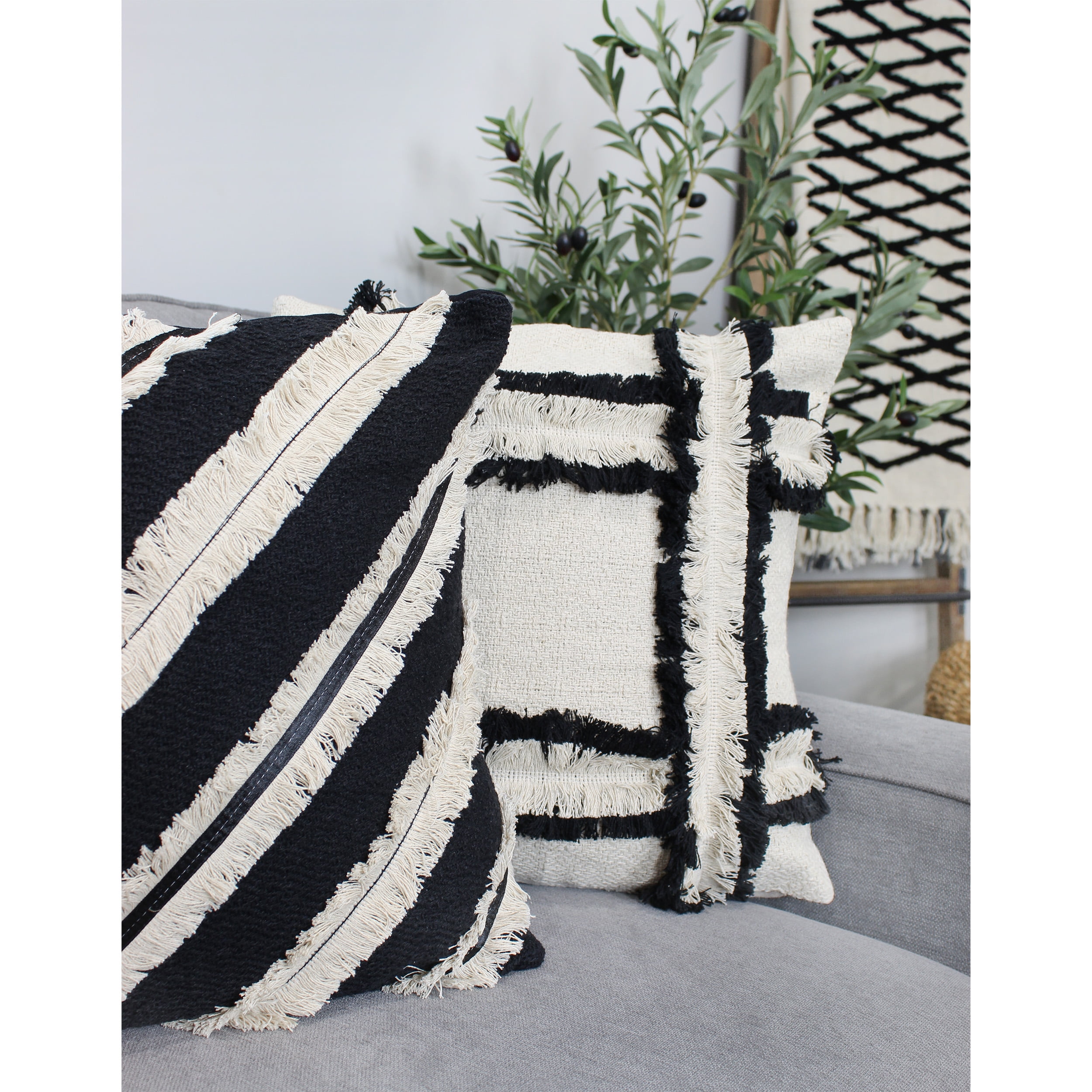 Grey & White Hand Woven Pillow With Fringe - H U N T E D F O X