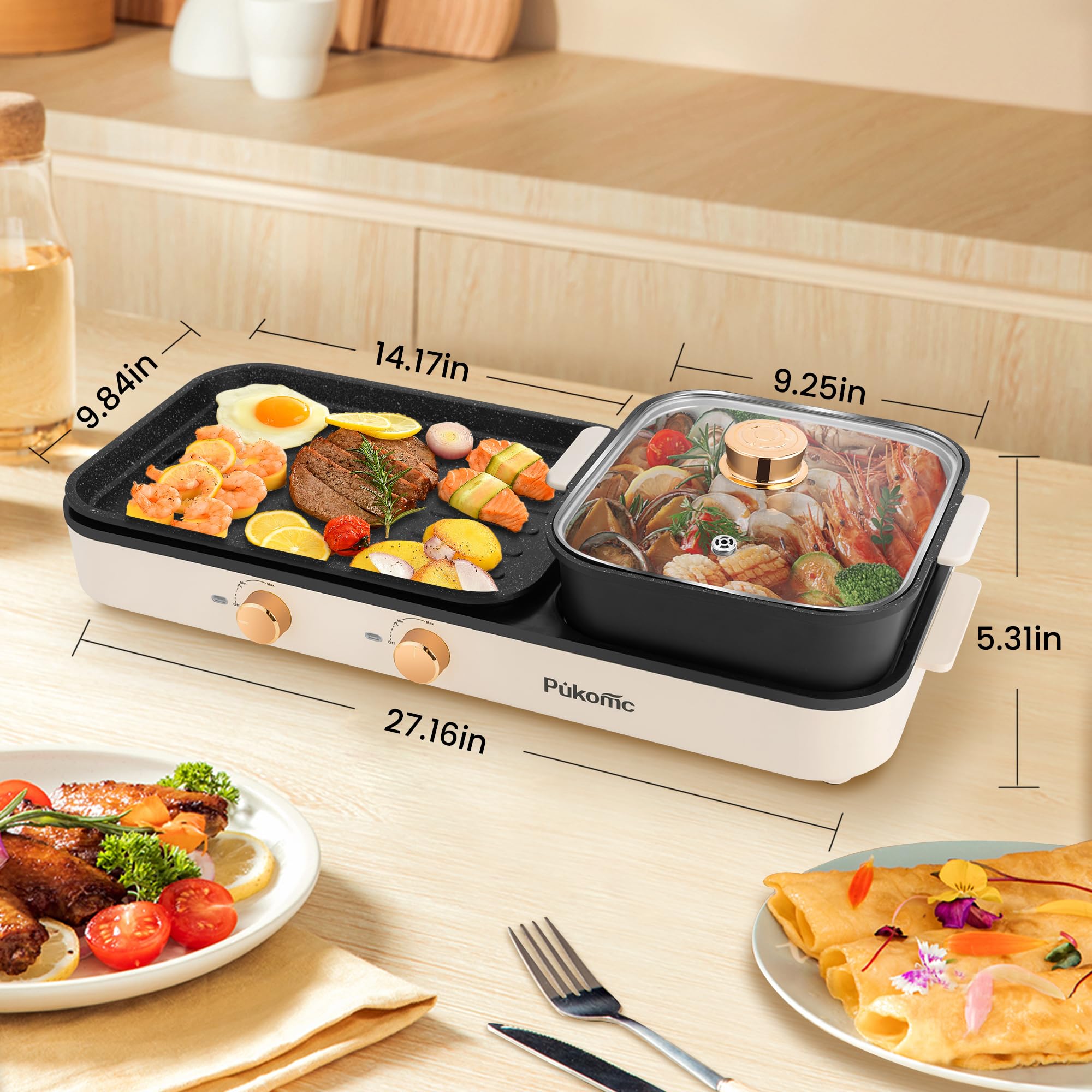 SUSTEAS 2-in-1 Electric Hot Pot with Grill: 1500W Non-Stick Removable Plate, Temperature Control for Indoor Grill for Korean BBQ, Beige