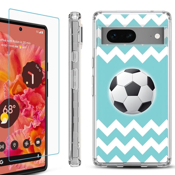 OneToughShield ® for Google Pixel 7a Shockproof Bumper Phone Case, with Tempered Glass Screen Protector - Chevron/Soccer