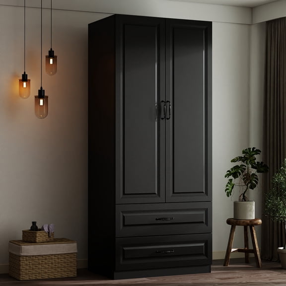 Modern Wooden Armoire Wardrobe Closet with 2 Doors & 2 Drawers, Clothing Storage Wardrobe Cabinet with Hanging Rod for Bedroom