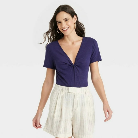 Women's Short Sleeve V-Neck Linen T-Shirt - A New Day™ Navy M