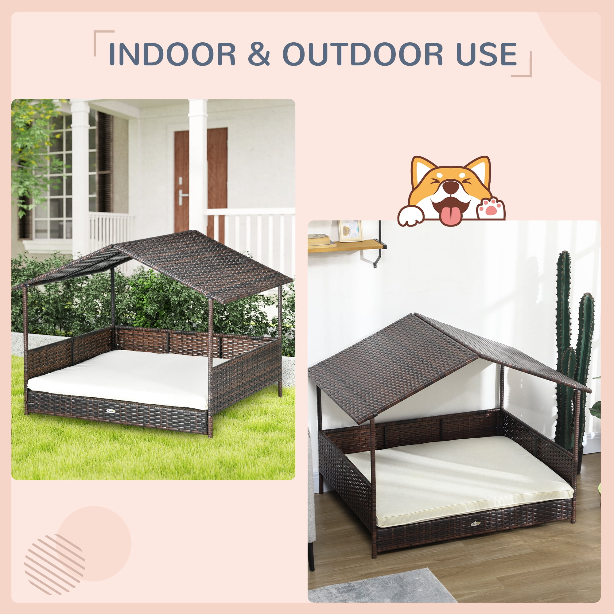 PawHut Outdoor Wicker Dog House Dog Bed W/ Canopy Cushion, Cream White
