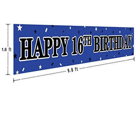 Large Happy 16th Birthday Banner, 16 Years Old Birthday Party Sign Blue, 16th Birthday Party Supplies Decorations (9.8 x 1.6 ft)