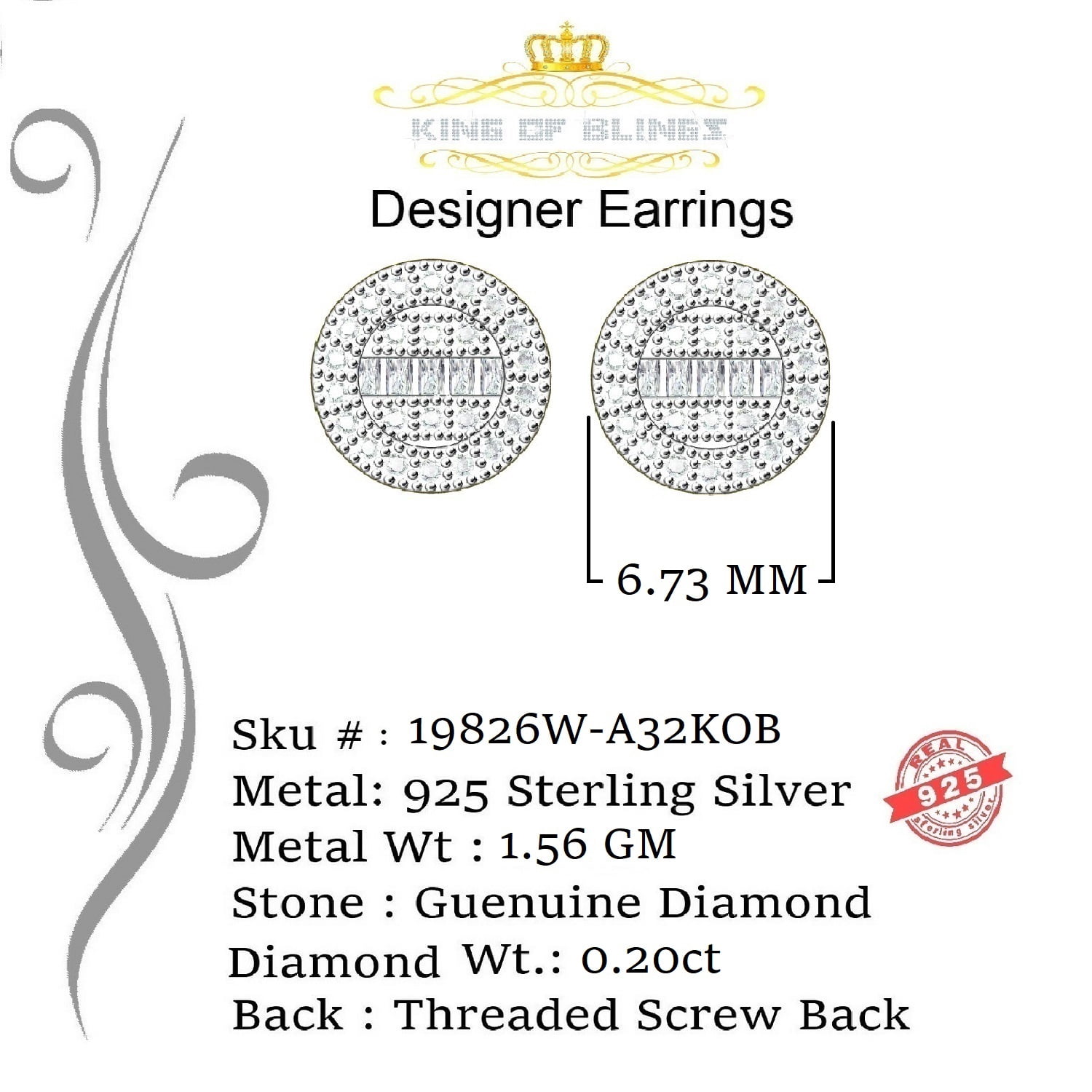 King of Bling's 925 White Silver 0.20ct Real Diamond Women's/Men's Round Fashion Earrings