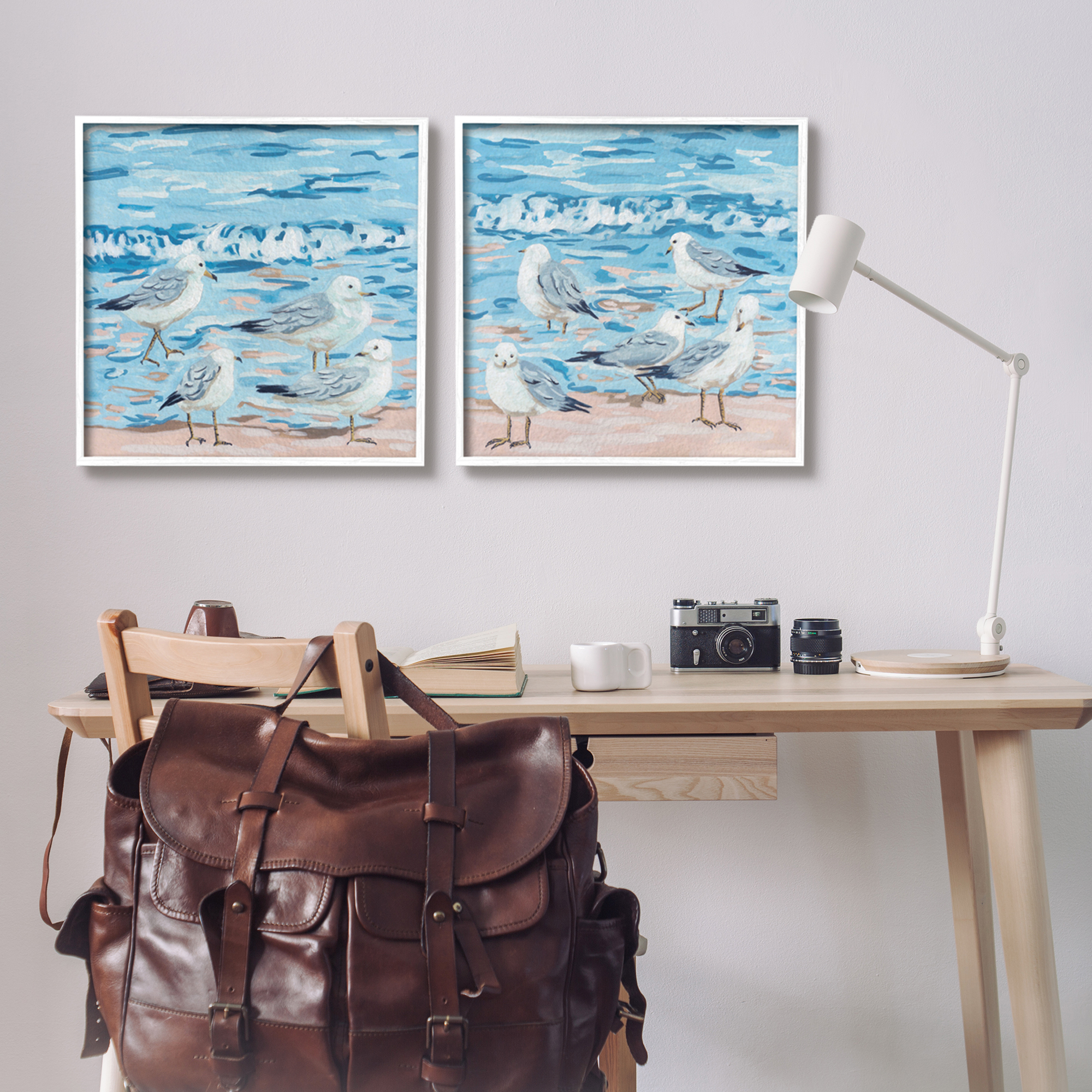 Stupell Industries Sandpipers on Shore Painting Animals & Insects Painting White Framed Art Print Wall Art, 24 x 24, Set of 2