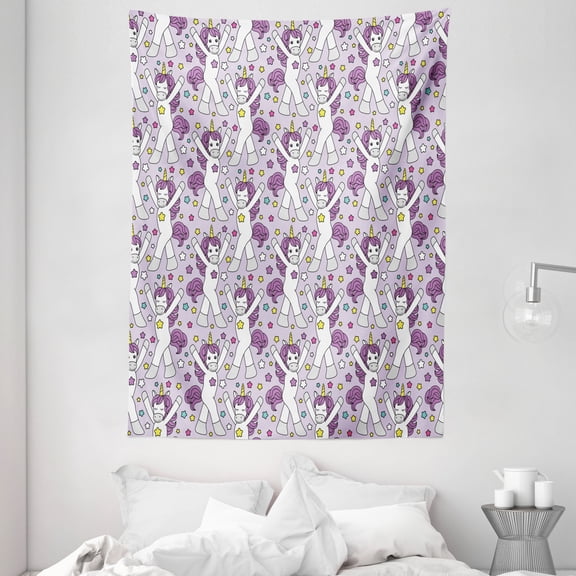 Unicorn Party Tapestry, Dancing Cartoon Characters Girly Magical Unicorn Design with Colorful Stars, Wall Hanging for Bedroom Living Room Dorm Decor, 60W X 80L Inches, Multicolor, by Ambesonne