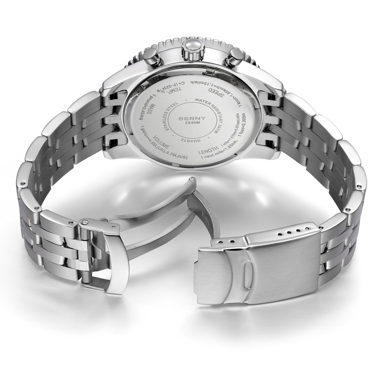 BERNY Silver Chronograph Watches for Men, Sport Luxury Analog Quartz Watch with Tachymeter, Stainless Steel, Waterproof, Luminous, Sapphire Crystal, Date Calender, Men's Wristwatch (White)