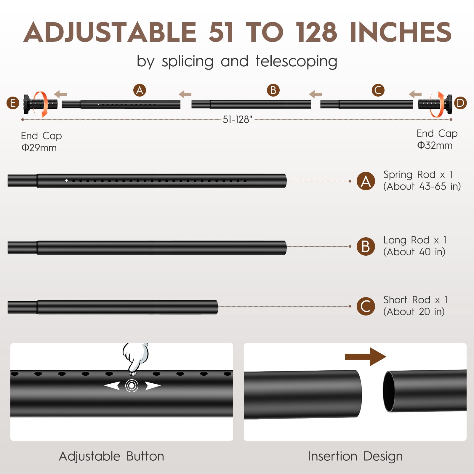 GIRACOA Octagon Tension Curtain Rod 51-128 Inches, Heavy Duty No Drill Adjustable Rod with 12 Rings, Matte Black