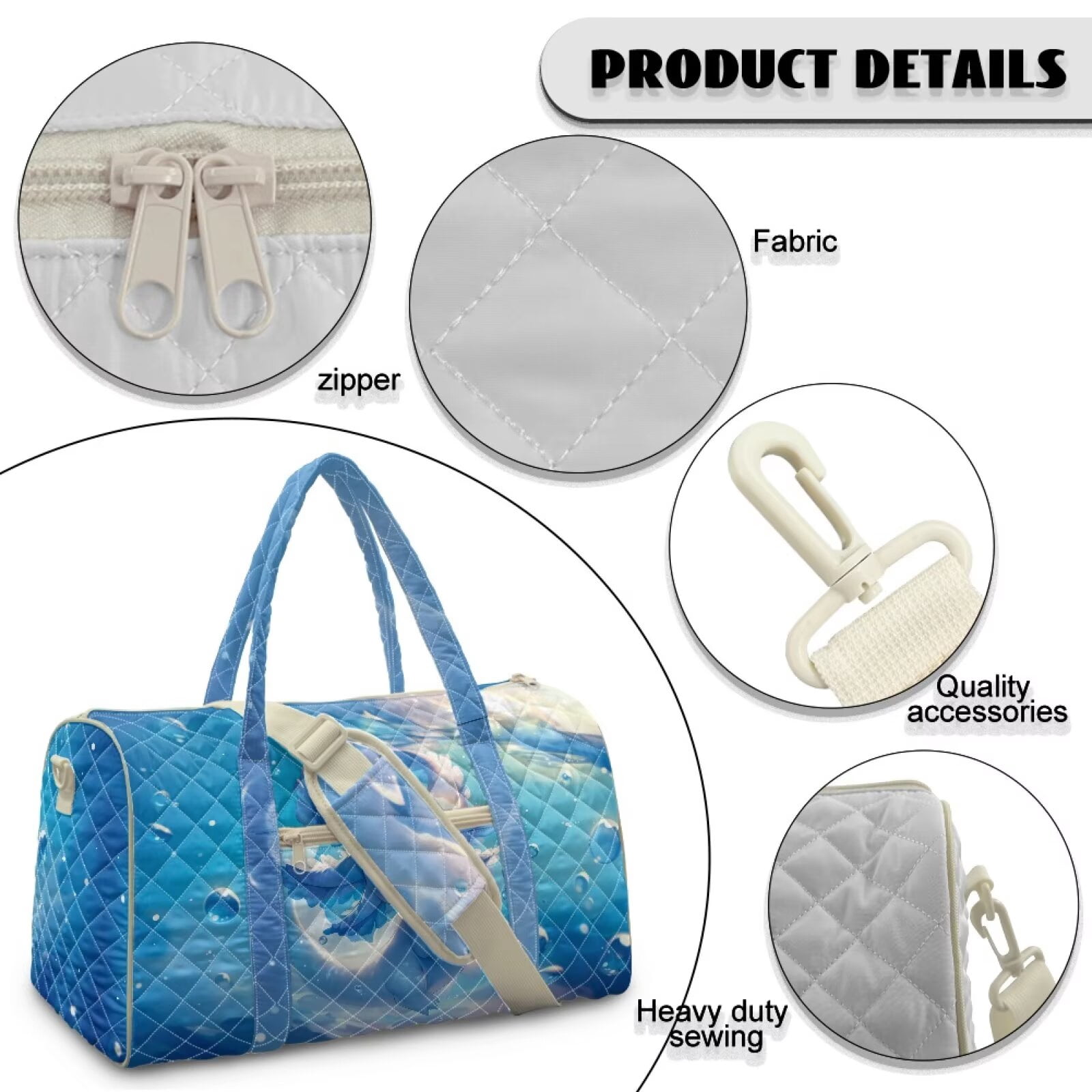 Garronmavis Cute Blue Axolotl Print Large Quilted Duffle Bag for Women, Weekender Travel Bag Carry On Tote Overnight Gym Dance Bag with Zipper Pockets