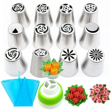 

HitUpon Russian Piping Tips Set 14Pcs Cake Cupcake Decorating Supplies Kit Tulip Icing Nozzles Flowers Shaped Frosting Bags