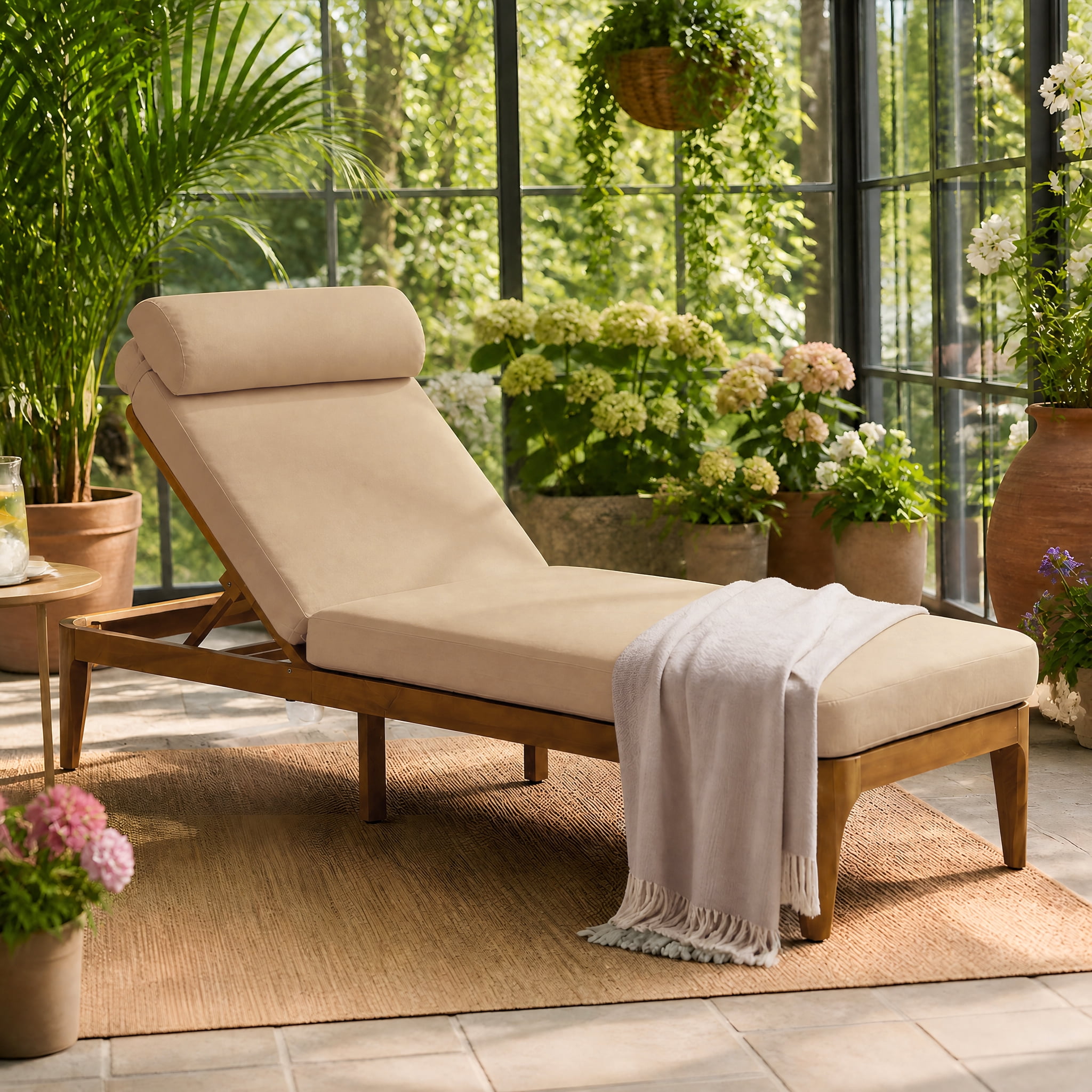 Mintazer Outdoor Chaise Lounge Chair with Removable Cushion & Head Pillow, Patio Recliner with 4 Gear Adjustable Recliner & Anti-Slip Feet for Poolside Backyard, Natural & Brown