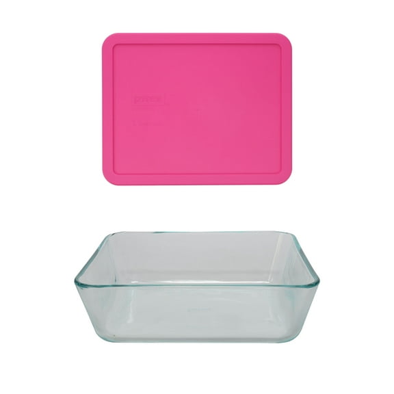 Pyrex 7212 11-Cup Rectangle Glass Food Storage Dish with 7212-PC Berry Pink Plastic Lid Cover