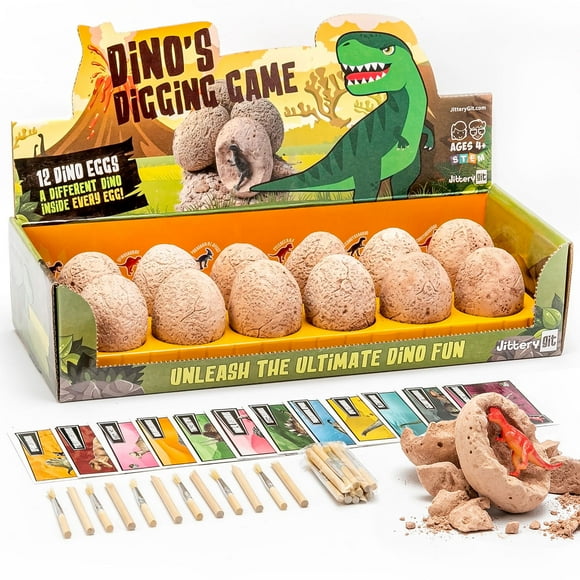 JITTERYGIT Dino Saure 12 Creuser Eggs Jouet Créer Votre Dino Ballons Partie Fossile Kit Ensemble de Fouille de Dinosaures Cadeau Génial pour les Enfants Tige d'Apprentissage Jouet pour les Garçons et les Filles Âgés de 3, 4, 5, 6, 7, 8+