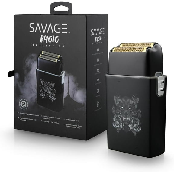 Savage Foil Shaver for Men, Professional Reciprocating Dual Blade Double Gold Foil Shaver, Hypoallergenic, 3.7V Rechargeable 90 Minute Runtime, Plug and Play, Metal Body with Panther Kyoto Design