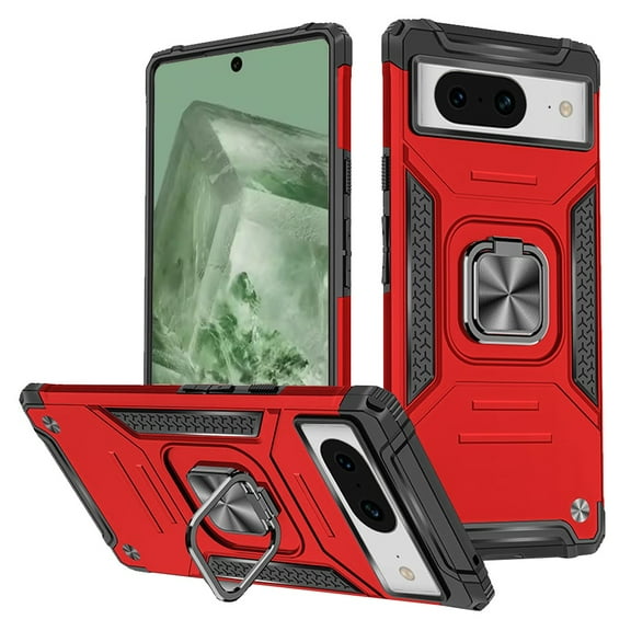 Designed for Google Pixel 8A Armor Hybrid with Ring Holder Kickstand Shockproof Heavy-Duty Durable Rugged Dual Layer Protective Phone Case Cover [Red]