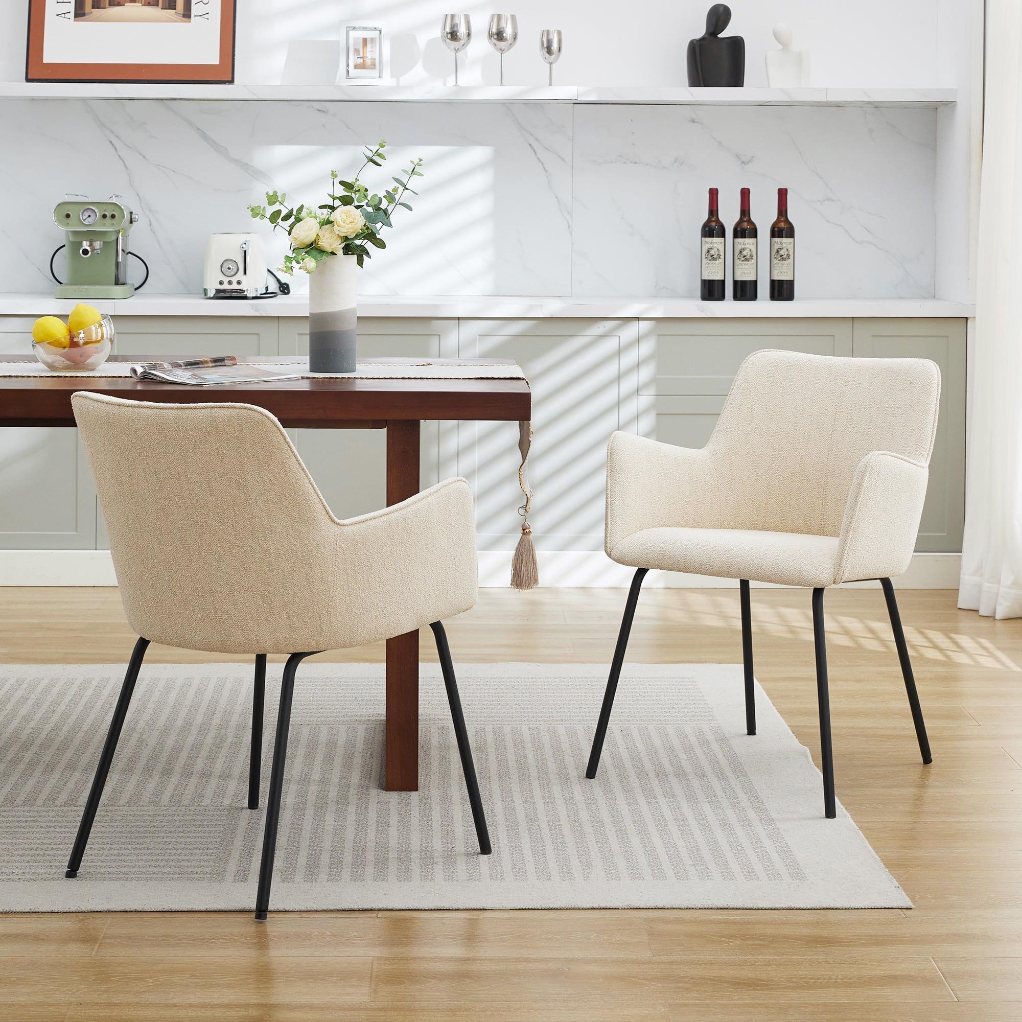 Zesthouse Linen Fabric Dining Chairs Set of 2, Modern Upholstered Small Accent Arm Chairs with Black Legs, Mid Century Comfy Chairs for Living Dining Room, Beige