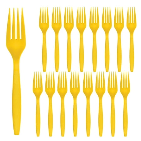 Party City Disposable Plastic Forks, 16 Count (Yellow) - Go Brightly Heavy Duty Classic Reuseable Plastic Forks - Premium Party Supplies Cutlery