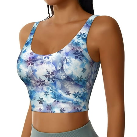 Picia Icy Blue Snowflakes Sports Bra for Women Padded Strappy Sports Bras Medium Support Yoga Bra with Removable Cups Running Yoga Bra-Medium