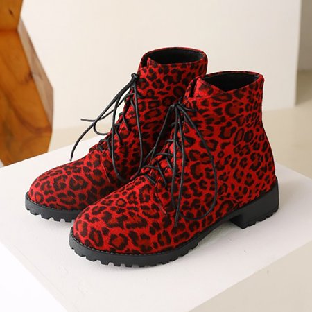

Ankle Boots Ladies Autumn And Winter European And American Leopard Print Lace Up Low Heeled Round Toe Short Boots