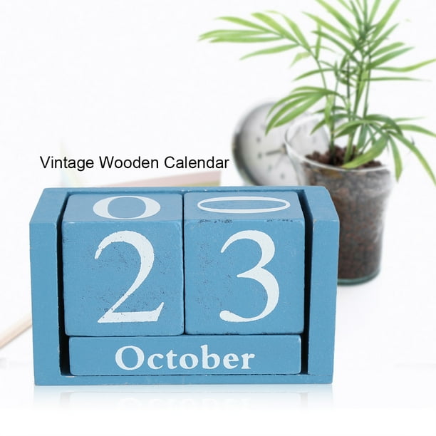WALFRONT Vintage Wooden Calendar Desktop Wood Block Month Date Display