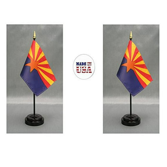 Made in the USA. 2 Arizona 4"x6" Miniature Desk & Table Flags Includes 2 Flag Stands & 2 Arizona Small Mini Stick Flags
