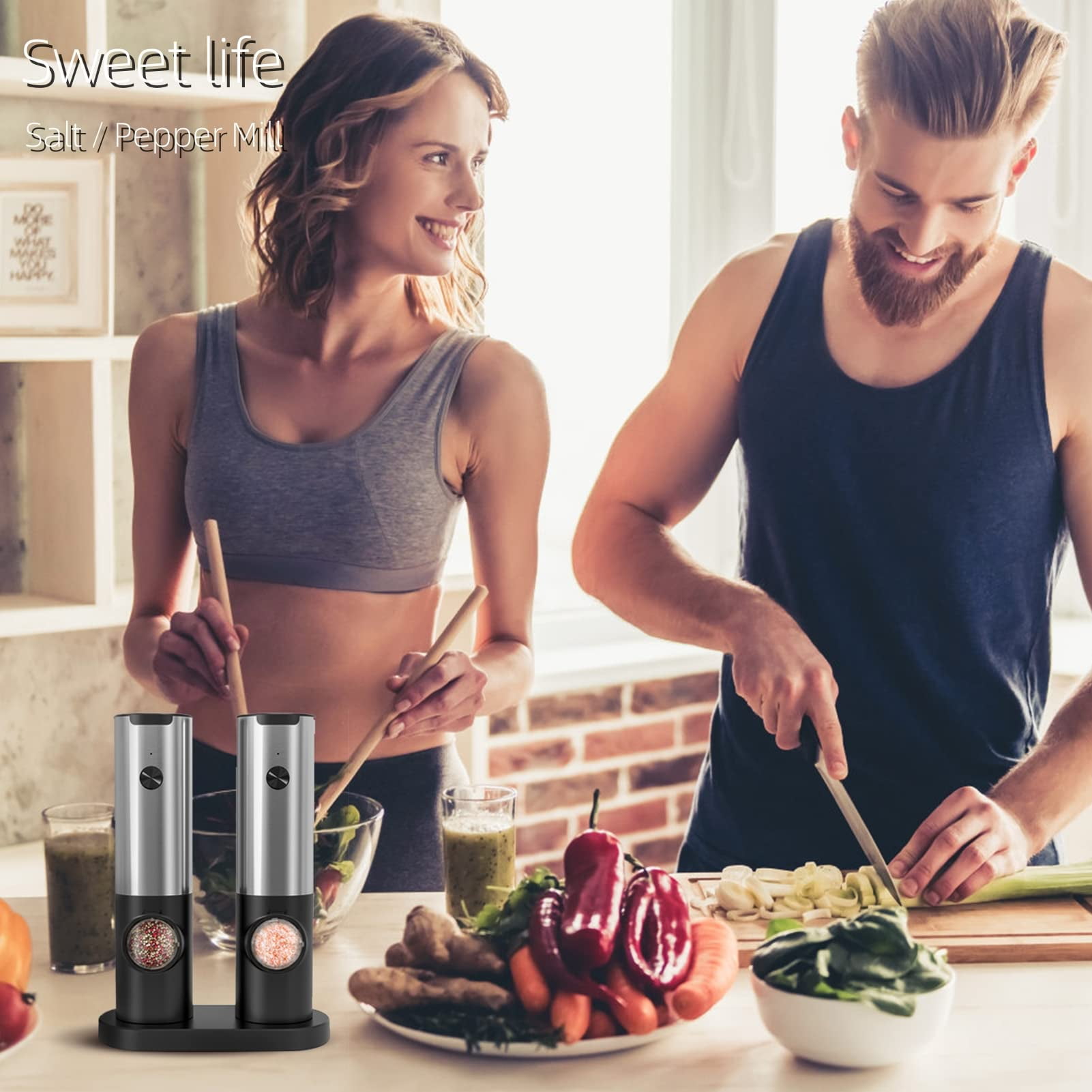 AsFrost 2Pcs Electric Salt and Pepper Grinder Set USB Rechargeable Base, No Battery Needed, One Handed Operation, Automatic Powered Spice Mill Shakers Refillable, Adjustable Coarseness, LED Light