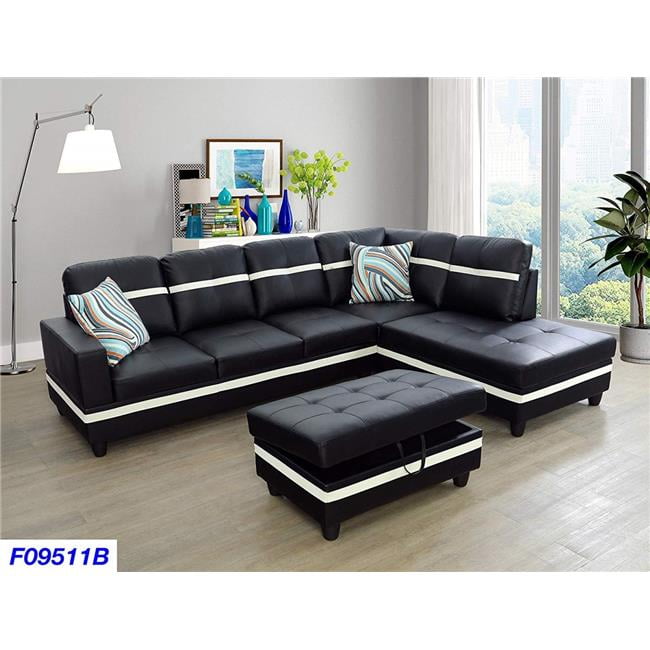 3 Piece Right Facing Sectional Sofa Set, Black Leather Sectional Couch With Ottoman