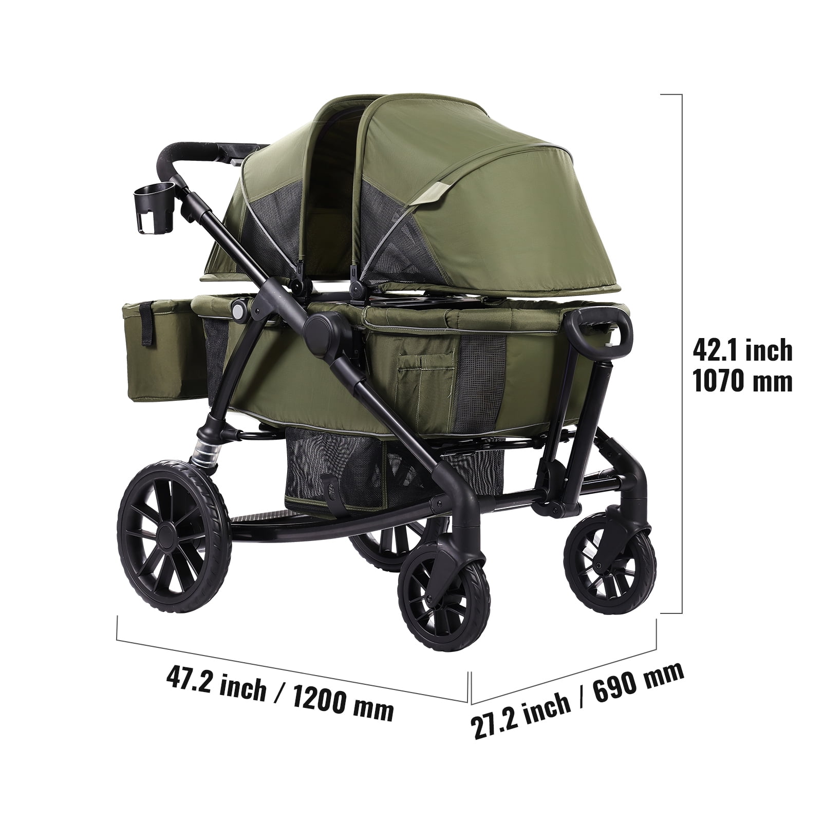 KFFKFF Off-Road Wagon-Stroller Hybrid, Dual-Seating, Easily Foldable for Travel, Comes with Shade Cover, Storage for Essentials, Beverage & Snack Tray, 55lbs Capacity per Seat, in Olive Green