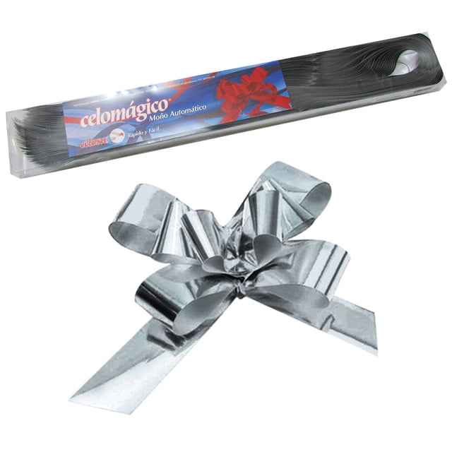 Moño Mágico Metálico Liso Mediano Color Plata Caja Con 50 Moños Para Regalo