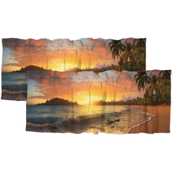 Ocean Beach Kitchen Valance Curtains Sea Wave Plam Trees Sunset Seaside Scenery Rod Pocket Valances for Bedroom Living Room Dining Room 54 by 18 in, 2 Panel