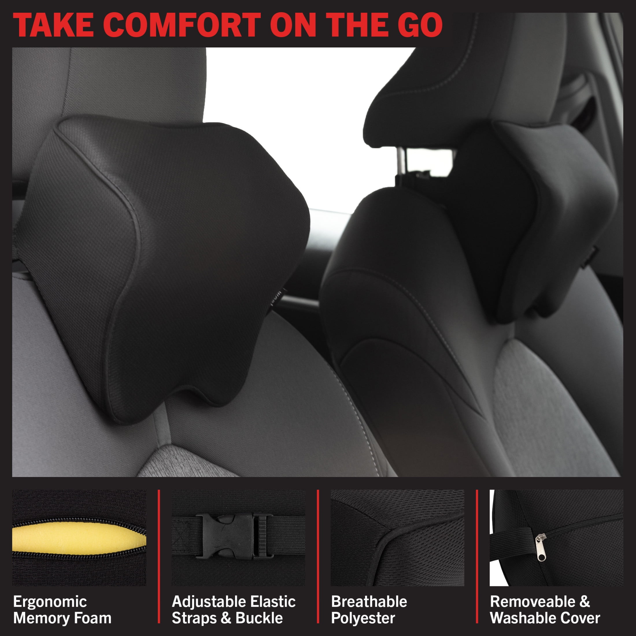 Stalwart Car Headrest Pillow 2-Pack - Memory Foam Car Neck Pillows, Black