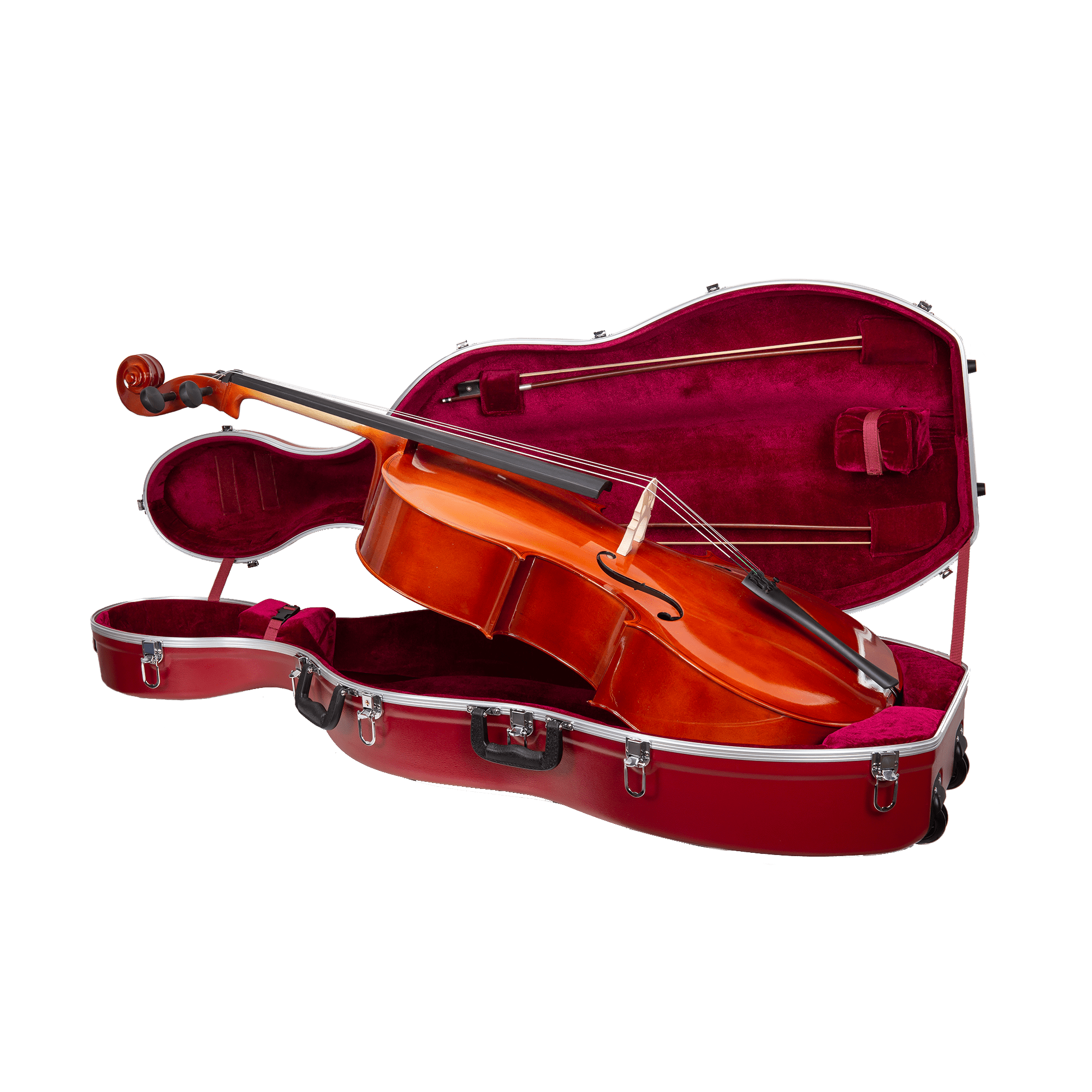 Crossrock 3/4 and 4/4 Size Cello Case | ABS Molded Hardshell with Wheels, Accessory Pocket, 2 Bow Holders, Security Lock, and Detachable Straps-Red