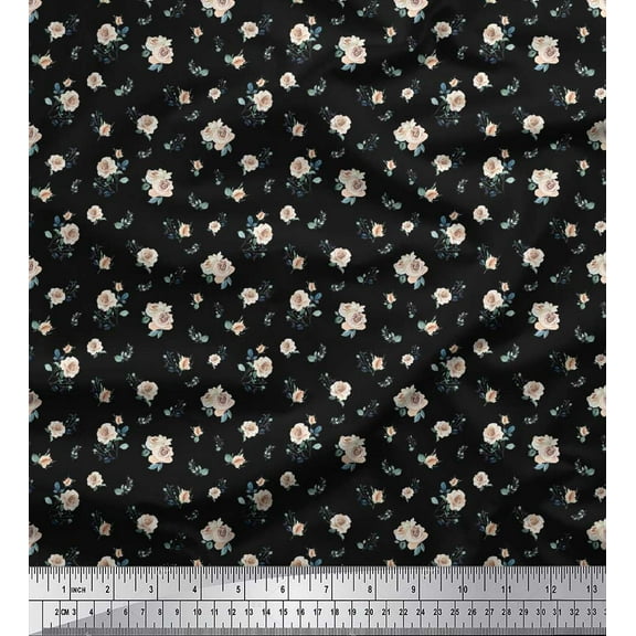 Soimoi Black Cotton Duck Fabric Leaves & Rose Floral Printed Craft Fabric by the Yard 44 Inch Wide