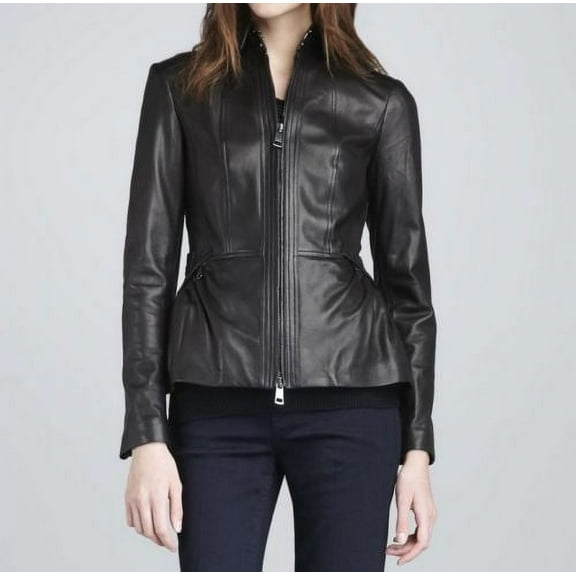 NOORA Womens Lambskin Black Leather Motorcycle Jacket With Zipper | Stand Up Collar | Zip On Sleeves | ST03