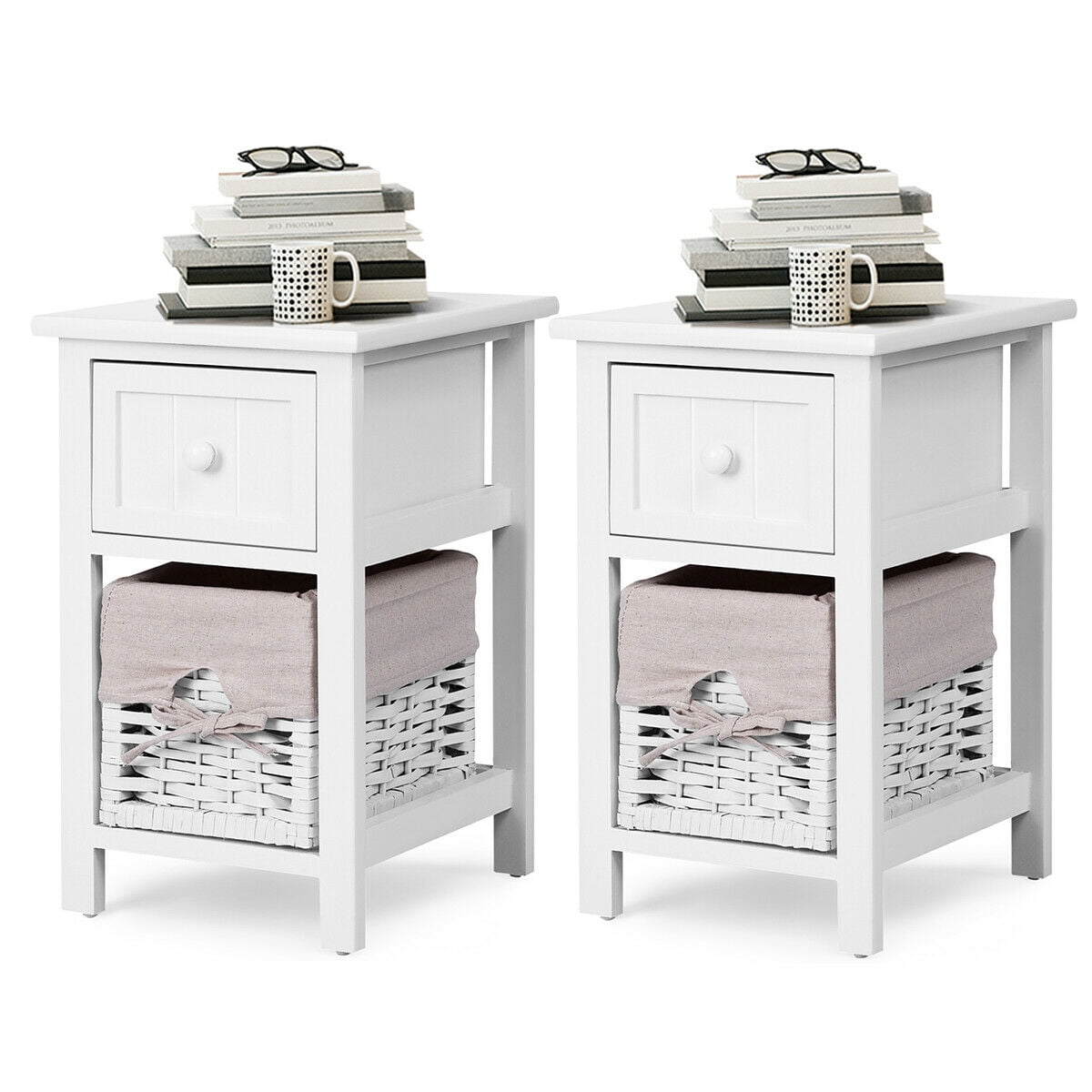 Gymax 2 Pcs 2 Tier Mini Nightstand 1 Drawer Bedside End Table Organizer Wood W Basket White Walmart Canada